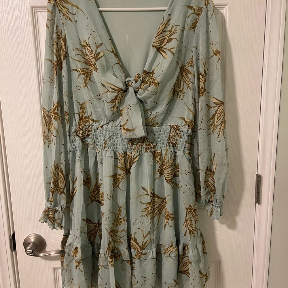 Teal Green Plunge Neck Bishop Sleeve Sundress